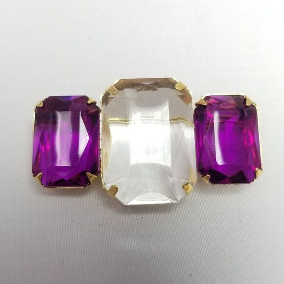 Vintage Avon Purple and Clear Rectangle Rhinestone Brooch, Gold Tone Setting - Picture 1 of 7